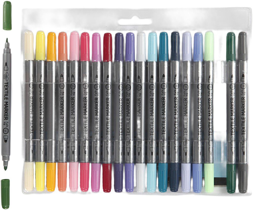 Tekstiltusch, streg 2,3+3,6 mm, suppleringsfarver, 20stk.