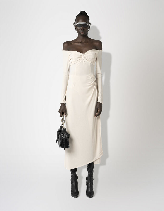 Crepe Jersey Off-Shoulder Drape Dress