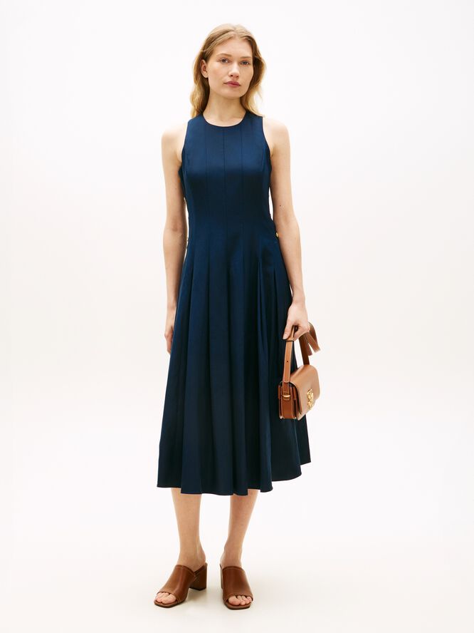 Gold-Tone Button Linen Blend Midi Dress
