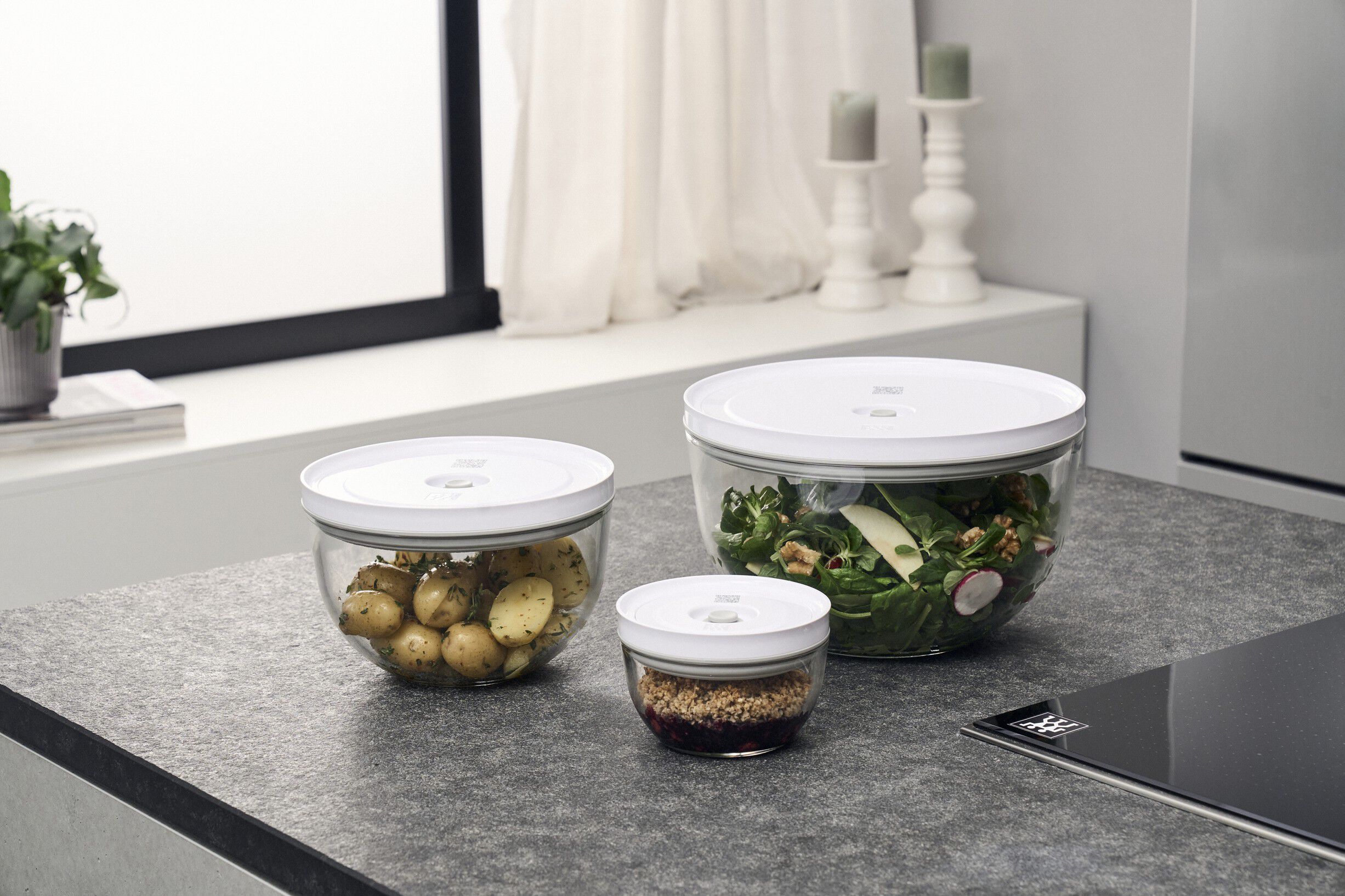 Fresh & Save BOWLS Vakuumsk&aring;lset S/M/L / 6-st, Glas, transparent-vit