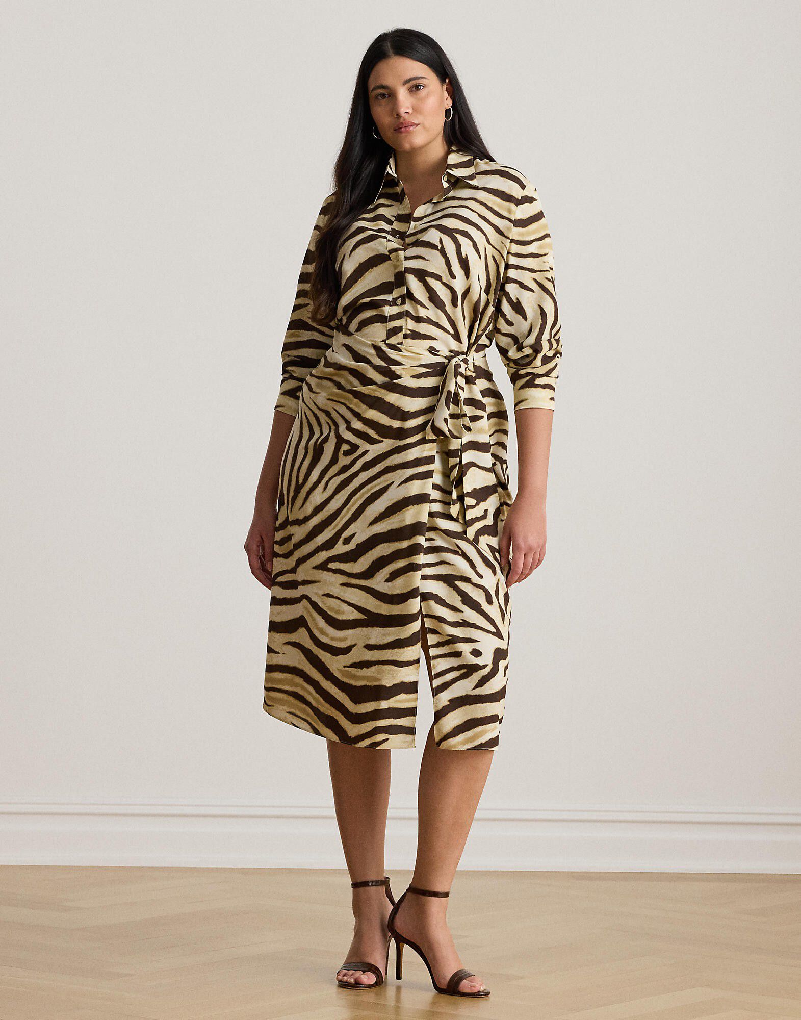 Zebra-Print Tie-Front Crepe Shirtdress
