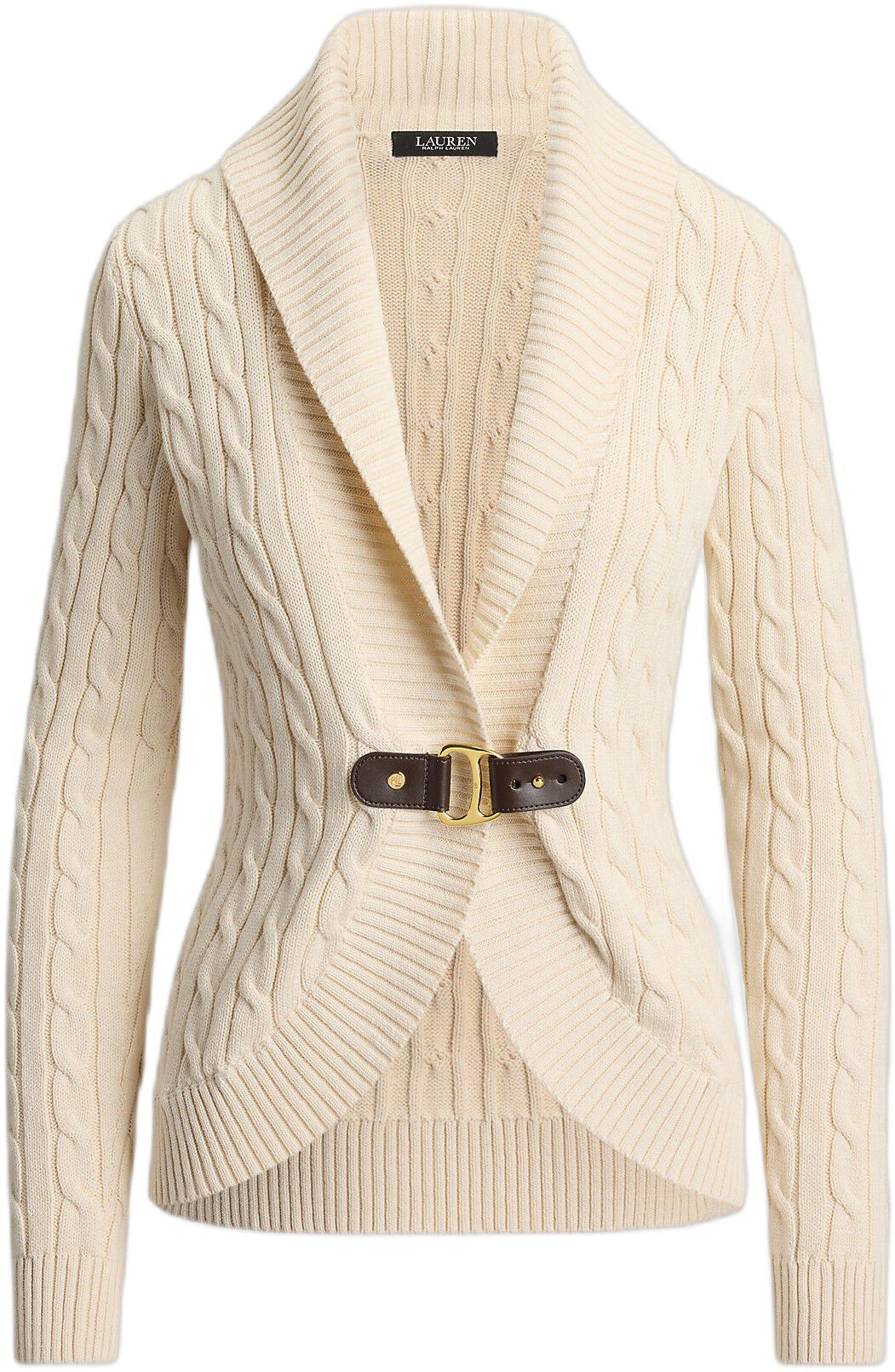 Buckle-Trim Cable Shawl-Collar Cardigan