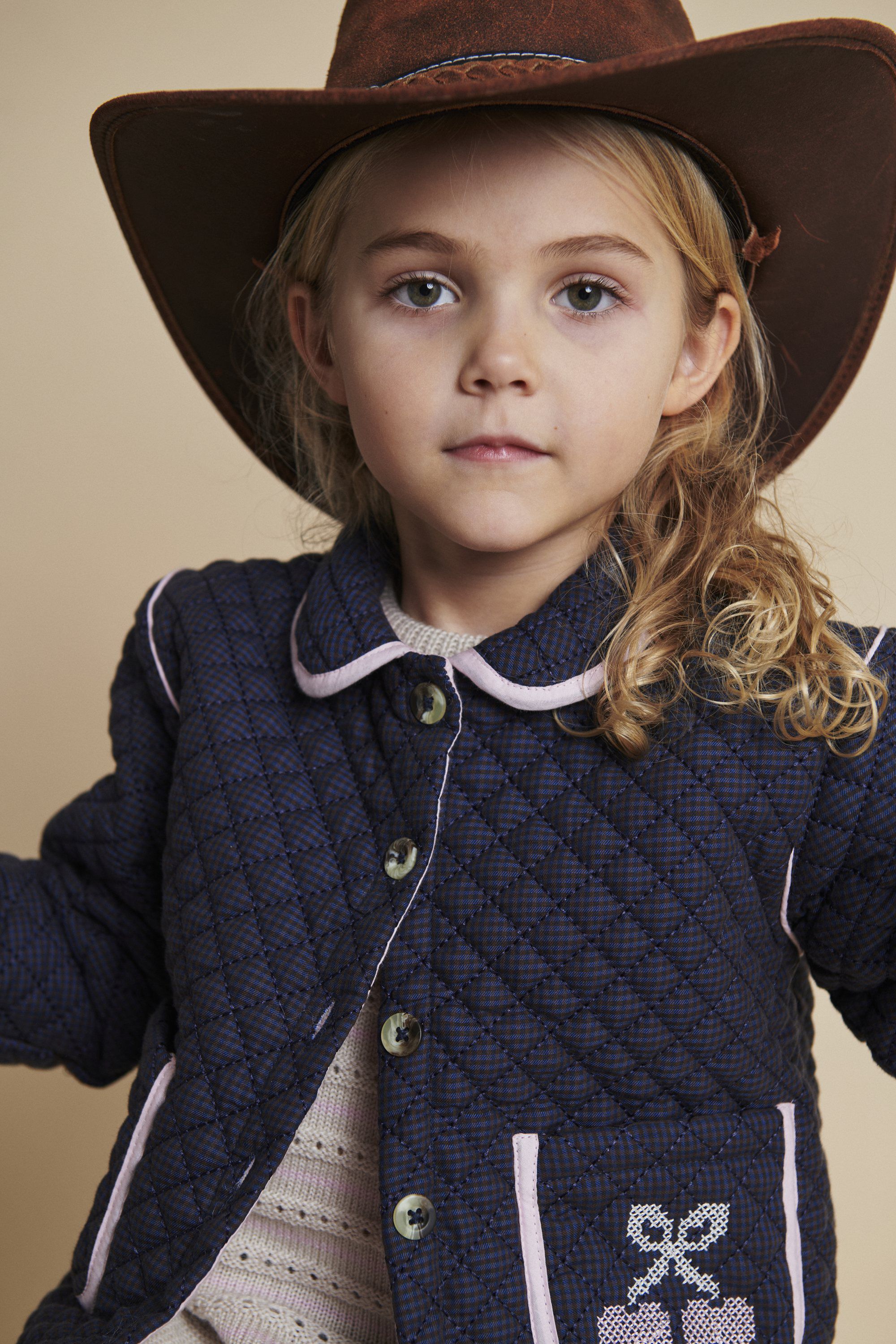 CHECKERED QUILTED JACKET W. EMB.