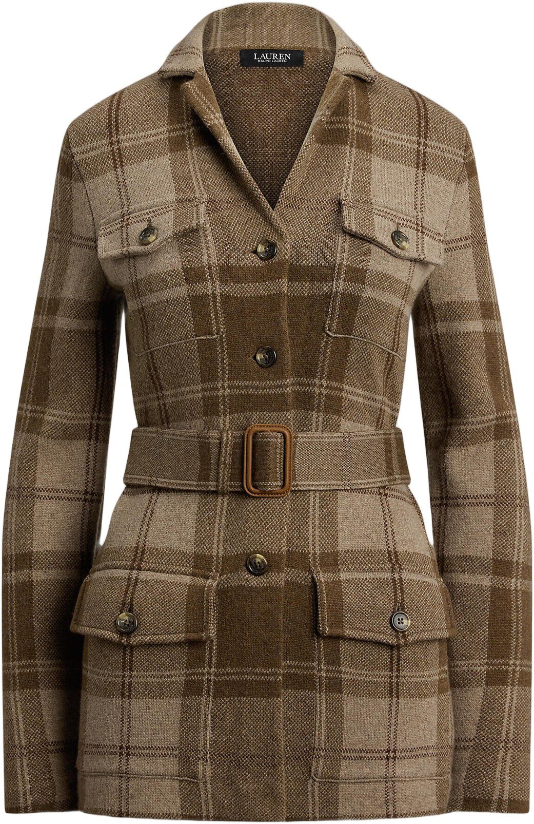 Plaid Belted Double-Knit Blazer