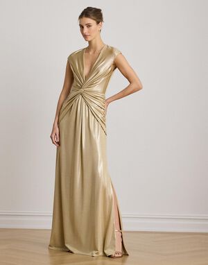 Twist-Front Metallic Cap-Sleeve Gown