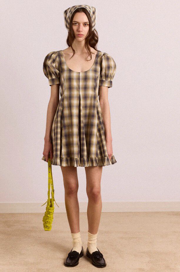 SABINA MINI GODET DRESS - CARDAMON MIX CHECK