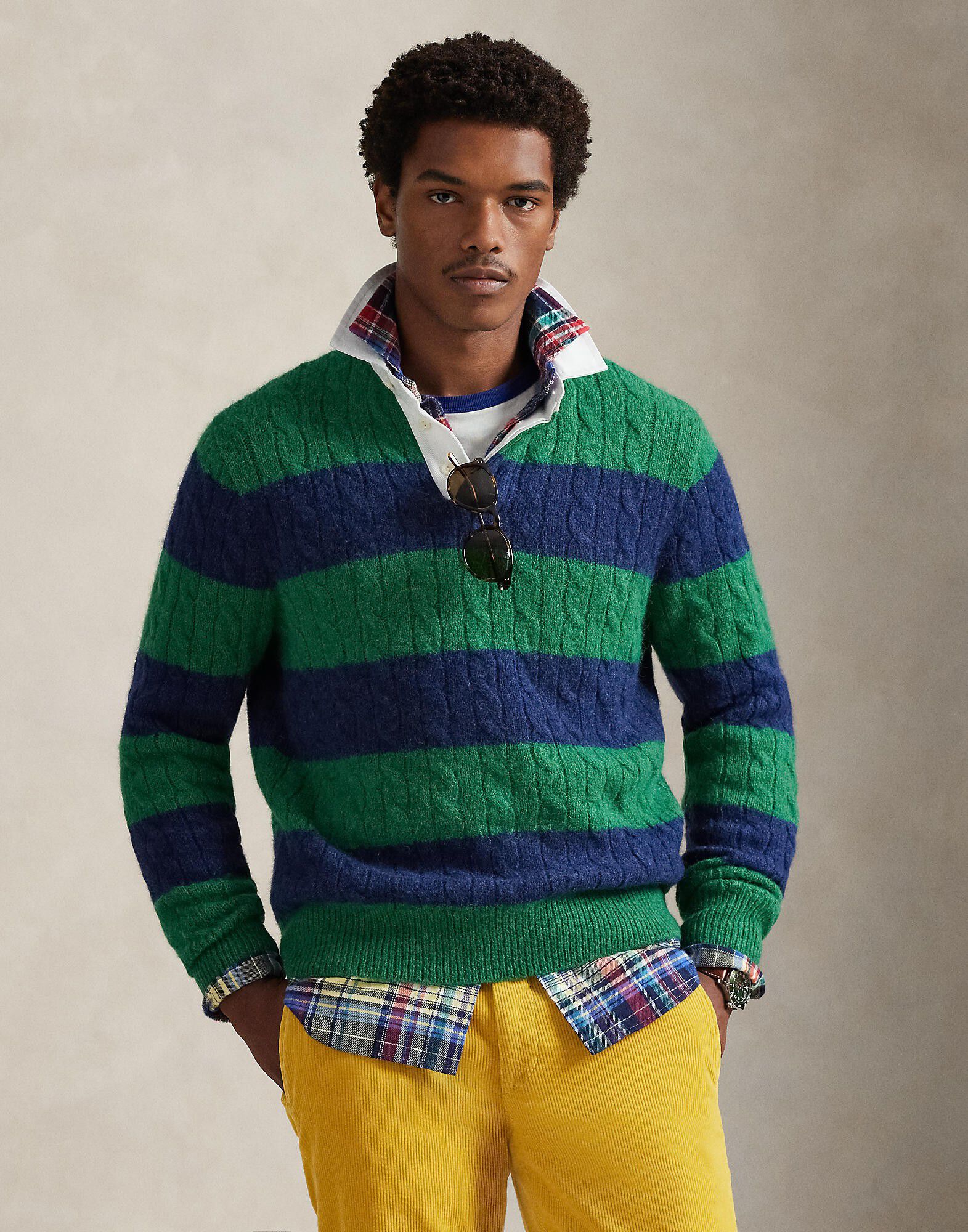 Striped Cable-Knit Rugby Sweater