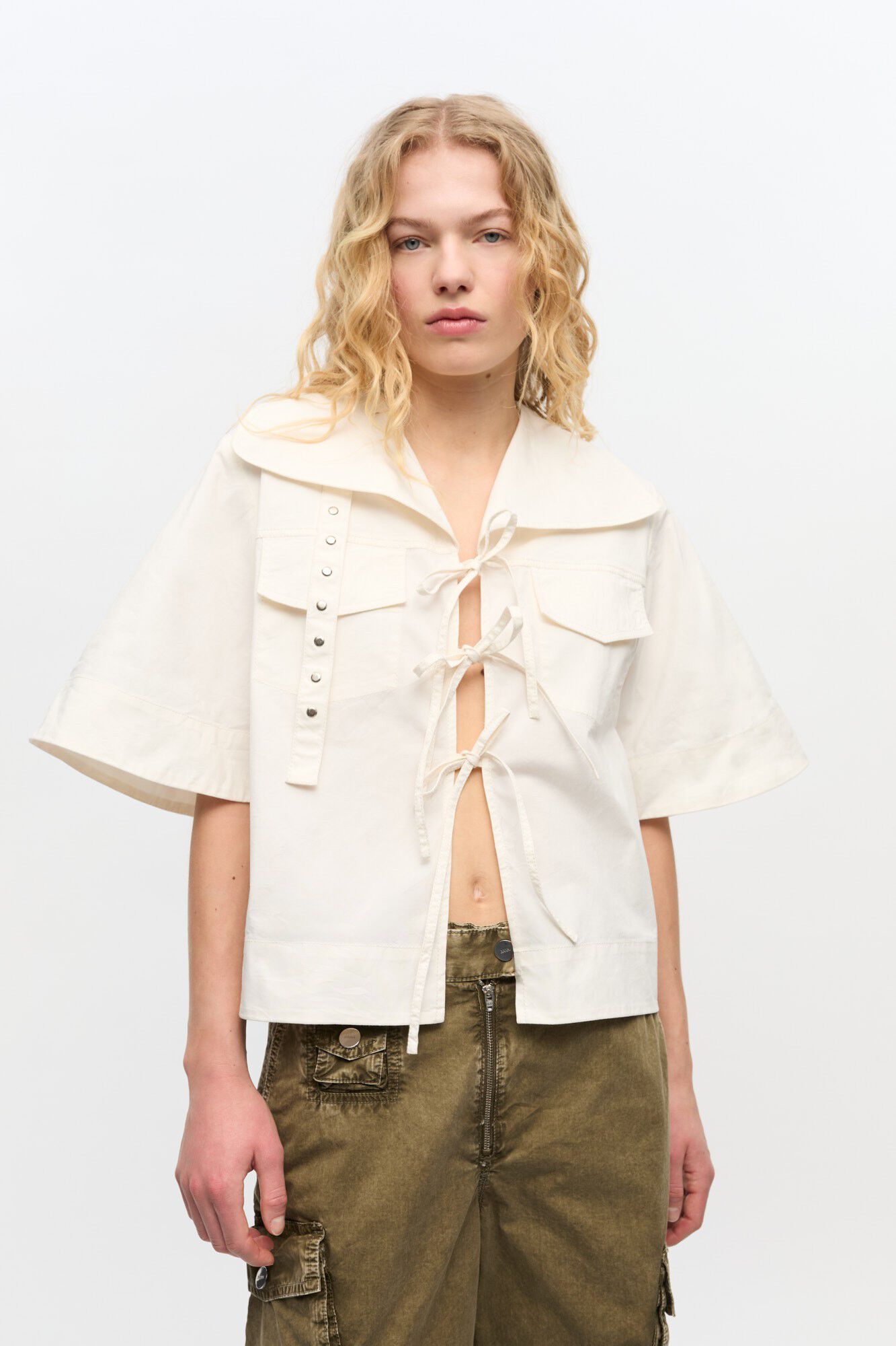 Stretch Cotton Cowl Neck Blouse