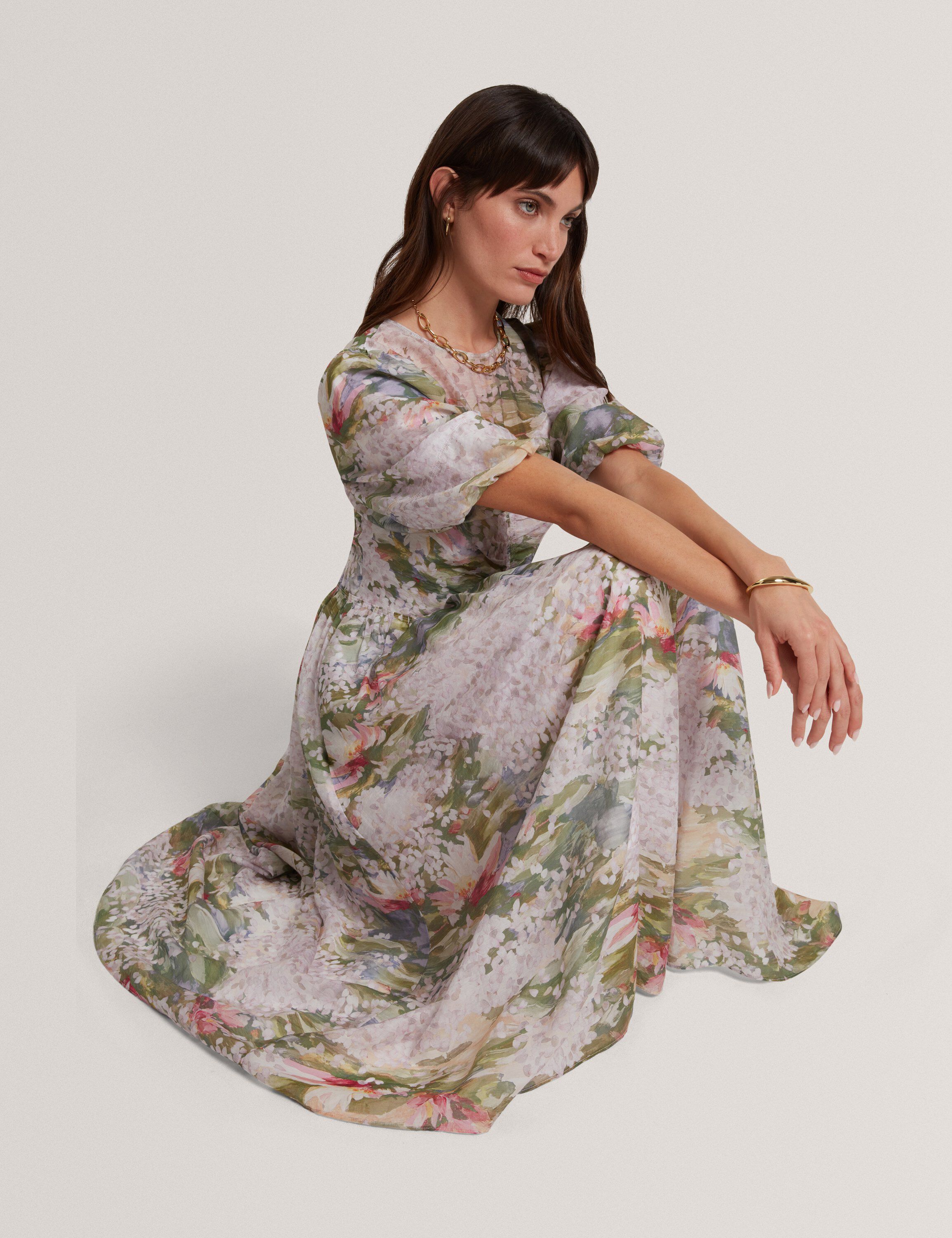 JONOR Puff Sleeve Printed Midi Dres