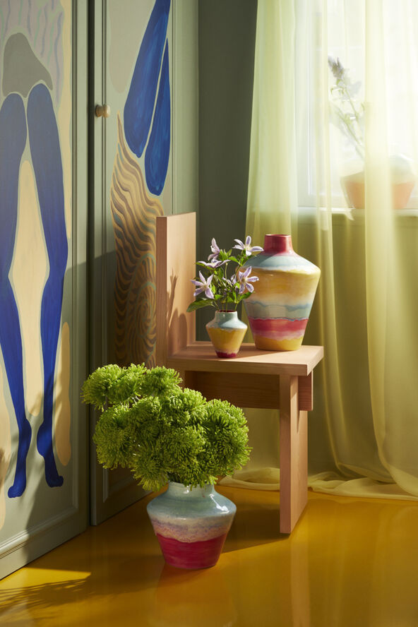 Poppery Vase med æble H32 cm pink/mint/gul