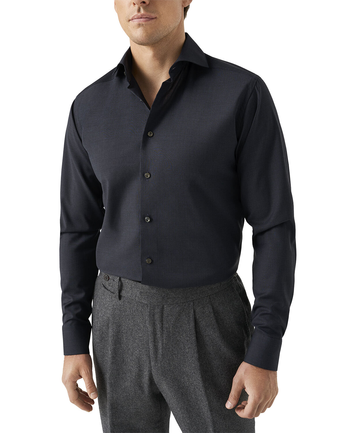 Contemporary Fit Navy Blue Solid Merino Wool Shirt