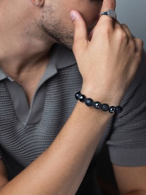Men's Beaded Bracelet with Black CZ Diamond, Lava Stone, Matte Onyx, a