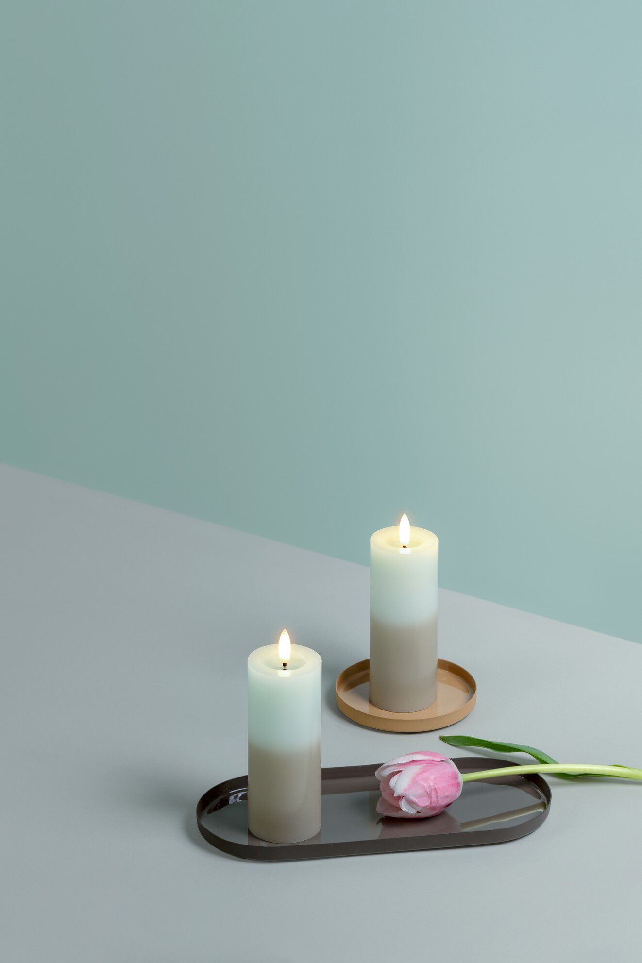 MM LED pillar candle, Silk, Melted, Multi-colour green, 49x125 mm