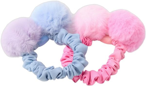Scrunchies med pompoms i fuskpäls.