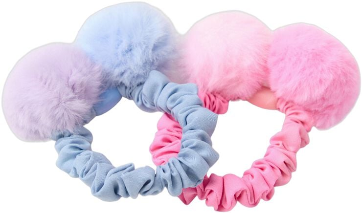 Scrunchies med pompoms i fuskpäls.