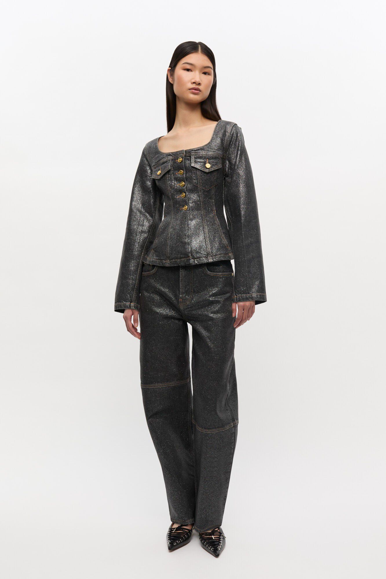 Shimmery Foil Denim Fitted Blazer