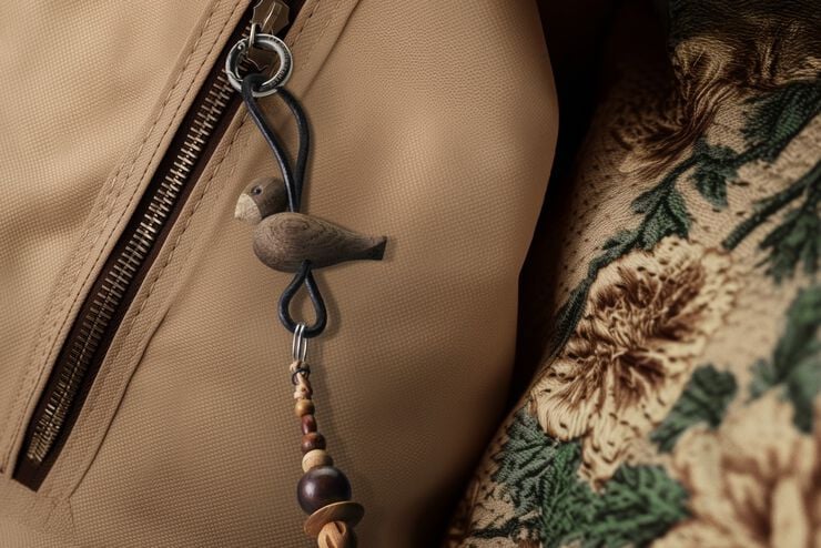 Fugl sølv nøglering med sort læder røget eg