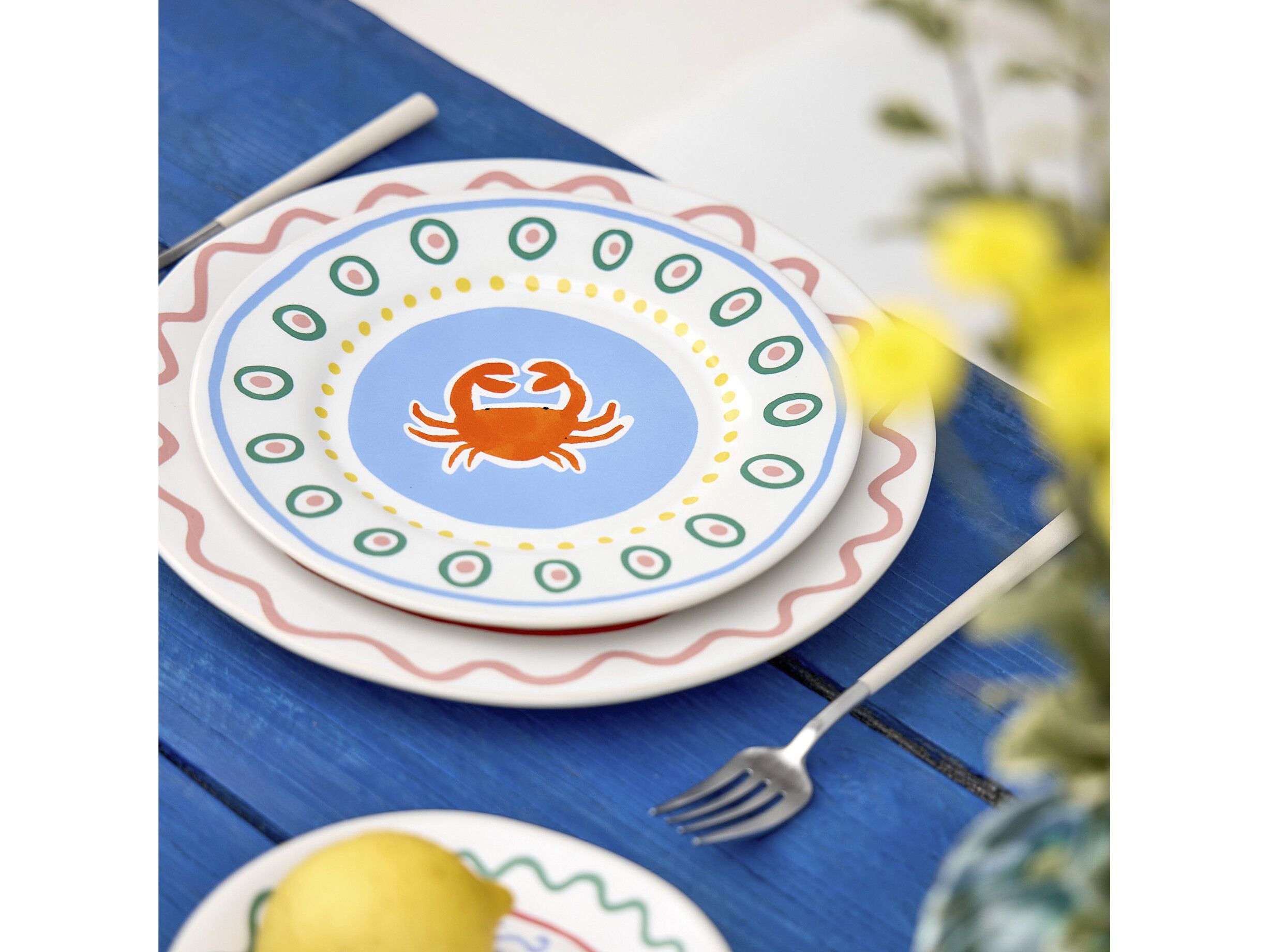 Tallrik flat Bliss 22 cm Bl&aring;/Koral/Rosa/Gr&ouml;n Keramik