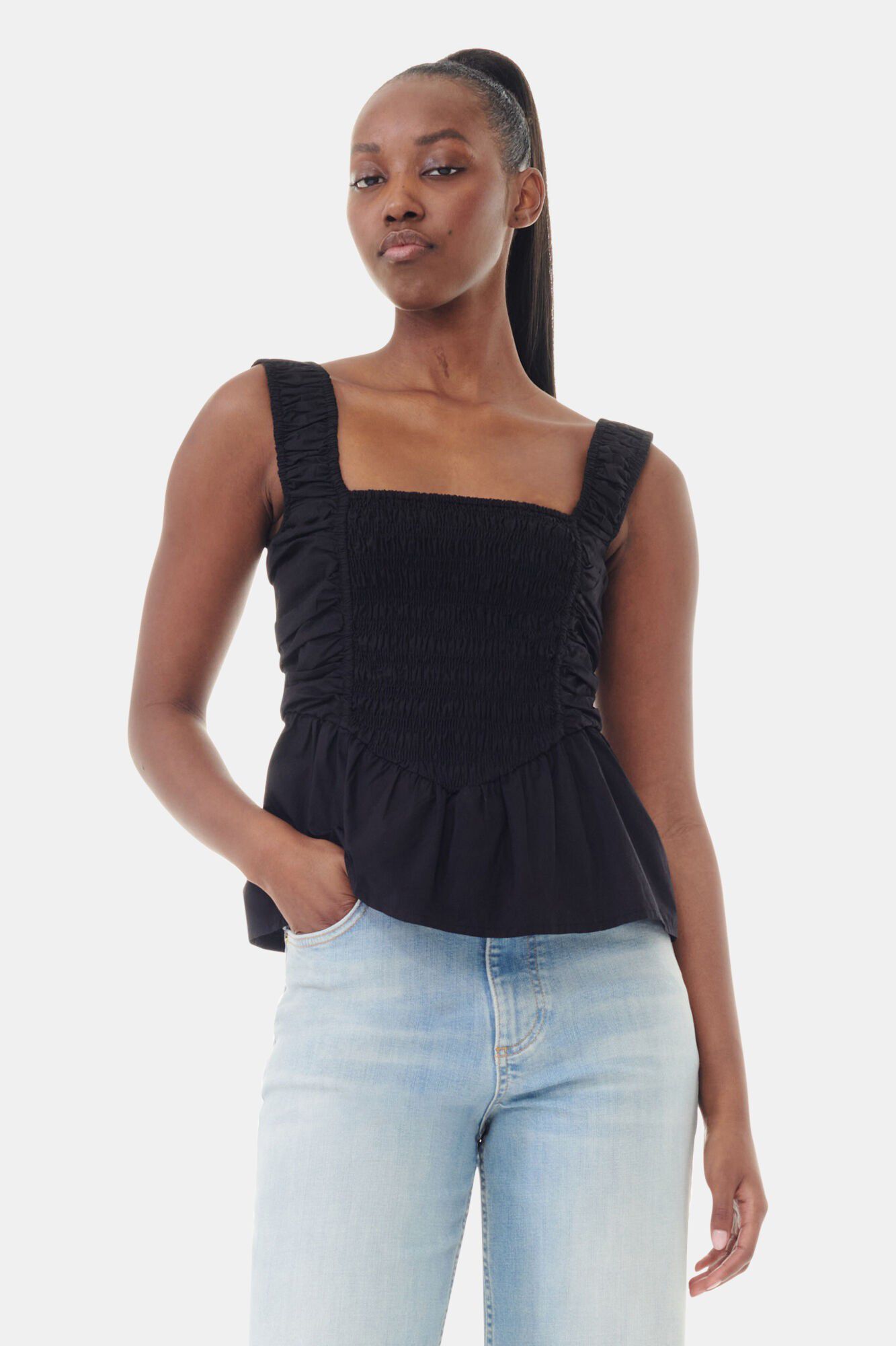 Cotton Poplin Smock Strap Blouse