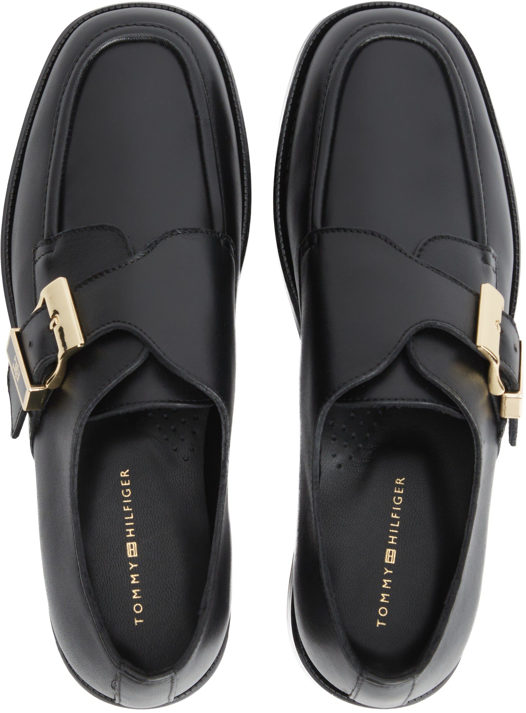 New York Label Leather Buckle Moc Toe Loafers