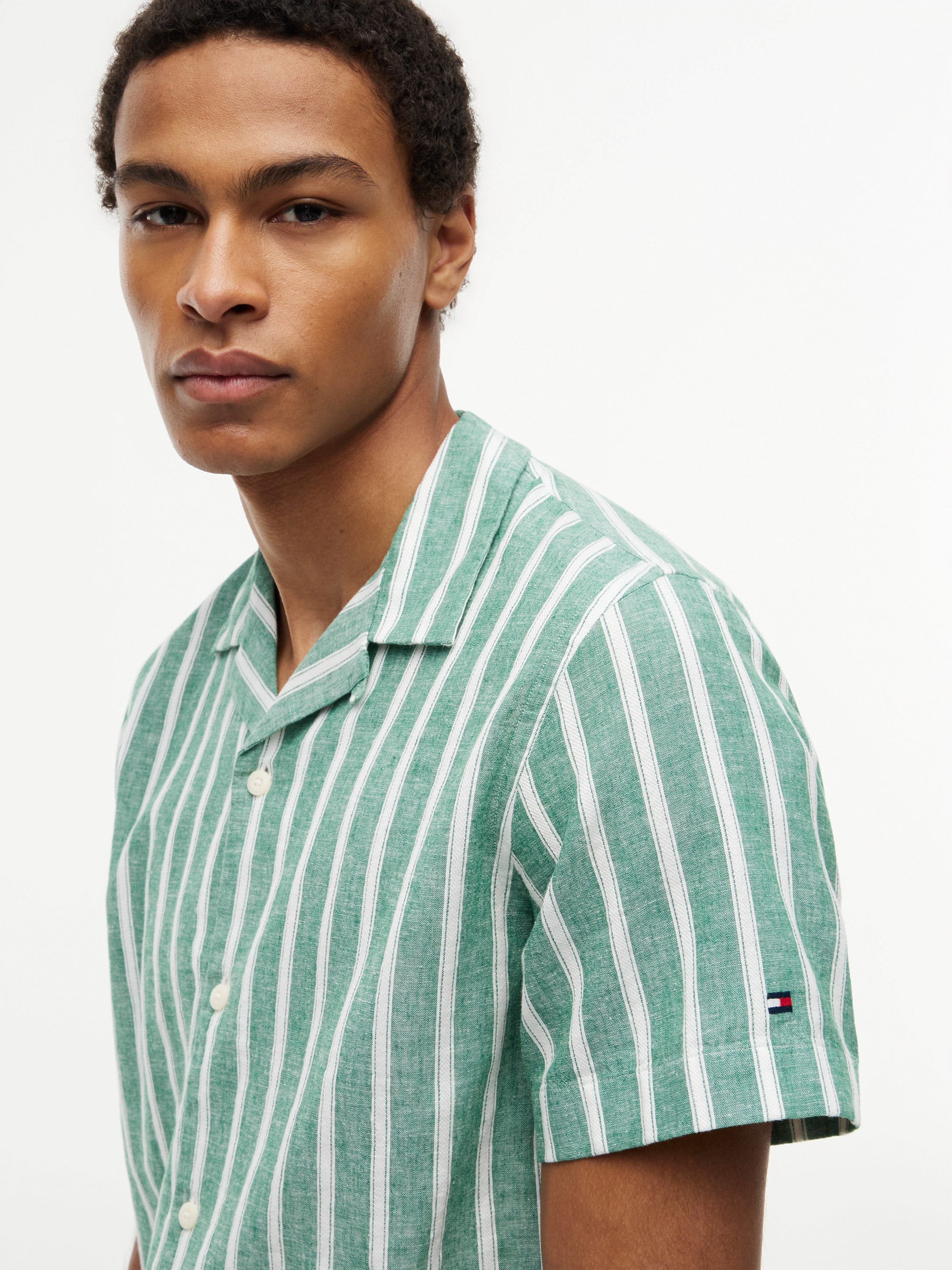 Linen Blend Textured Stripe Short Sleeve Shirt