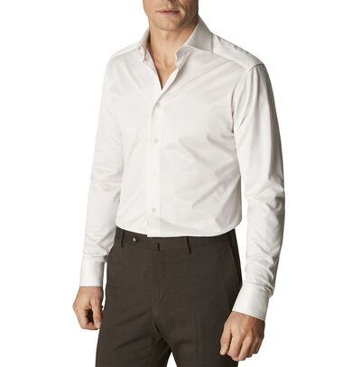 White Herringbone Filo di Scozia Shirt - Contemporary Fit