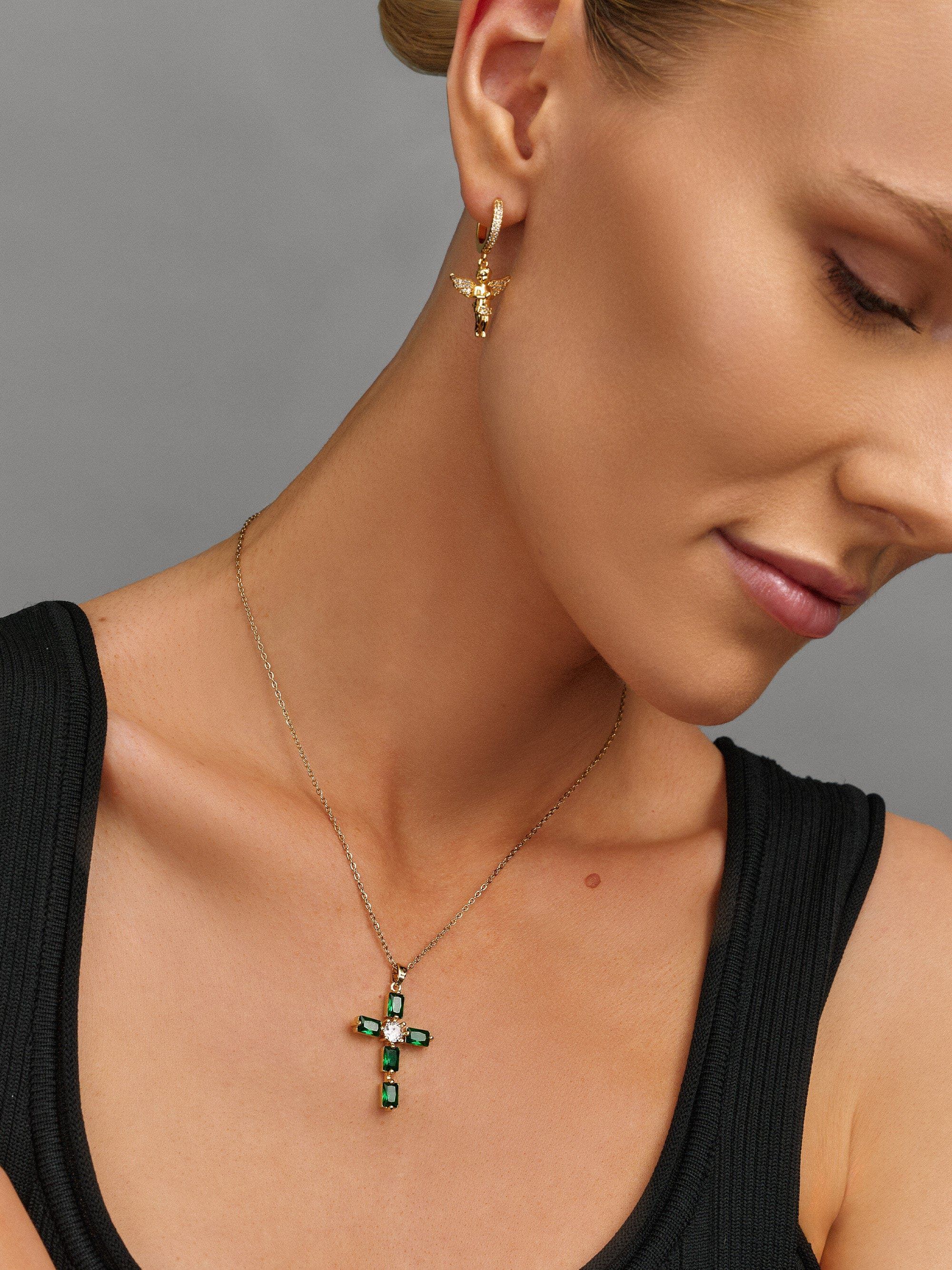 Women's Green CZ Cross Necklace