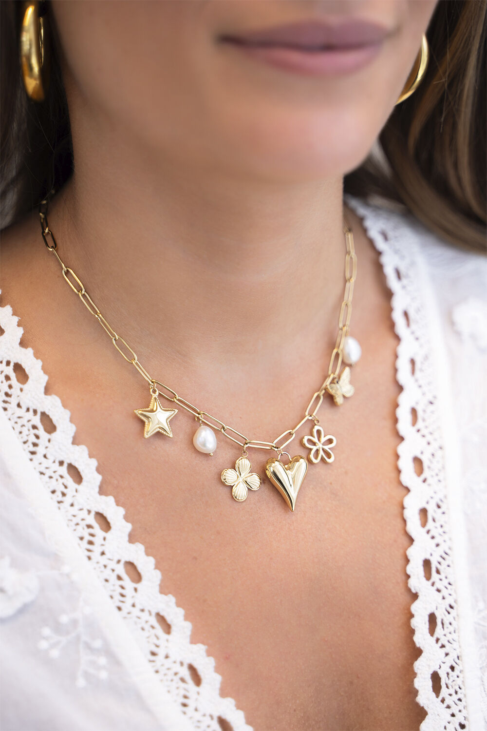 Necklace pink beads multi charms