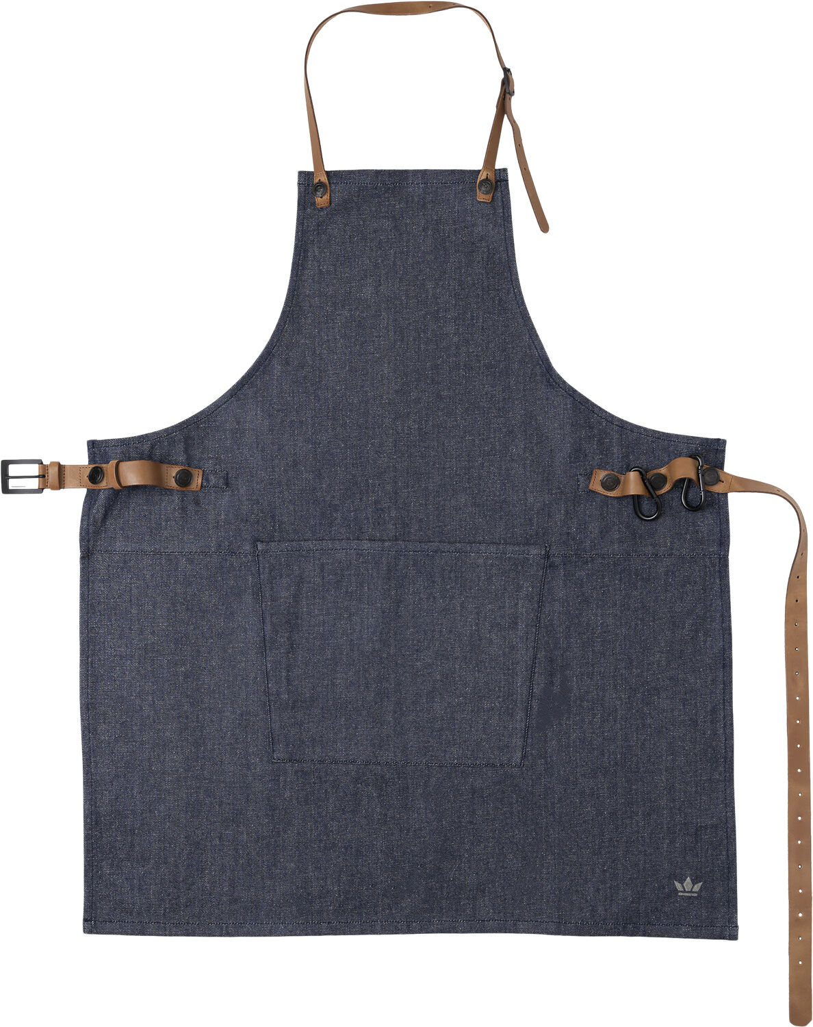BBQ Style Apron, Denim Brut with leather straps in Cognac co