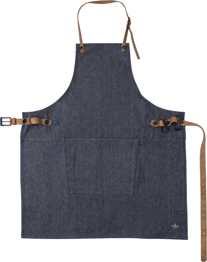 BBQ Style Apron, Denim Brut with leather straps in Cognac co