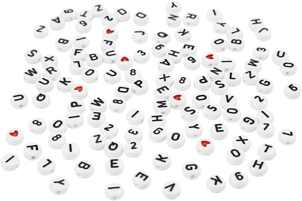 Bogstavperler, str. 7 mm, hulstr. 1,2 mm.