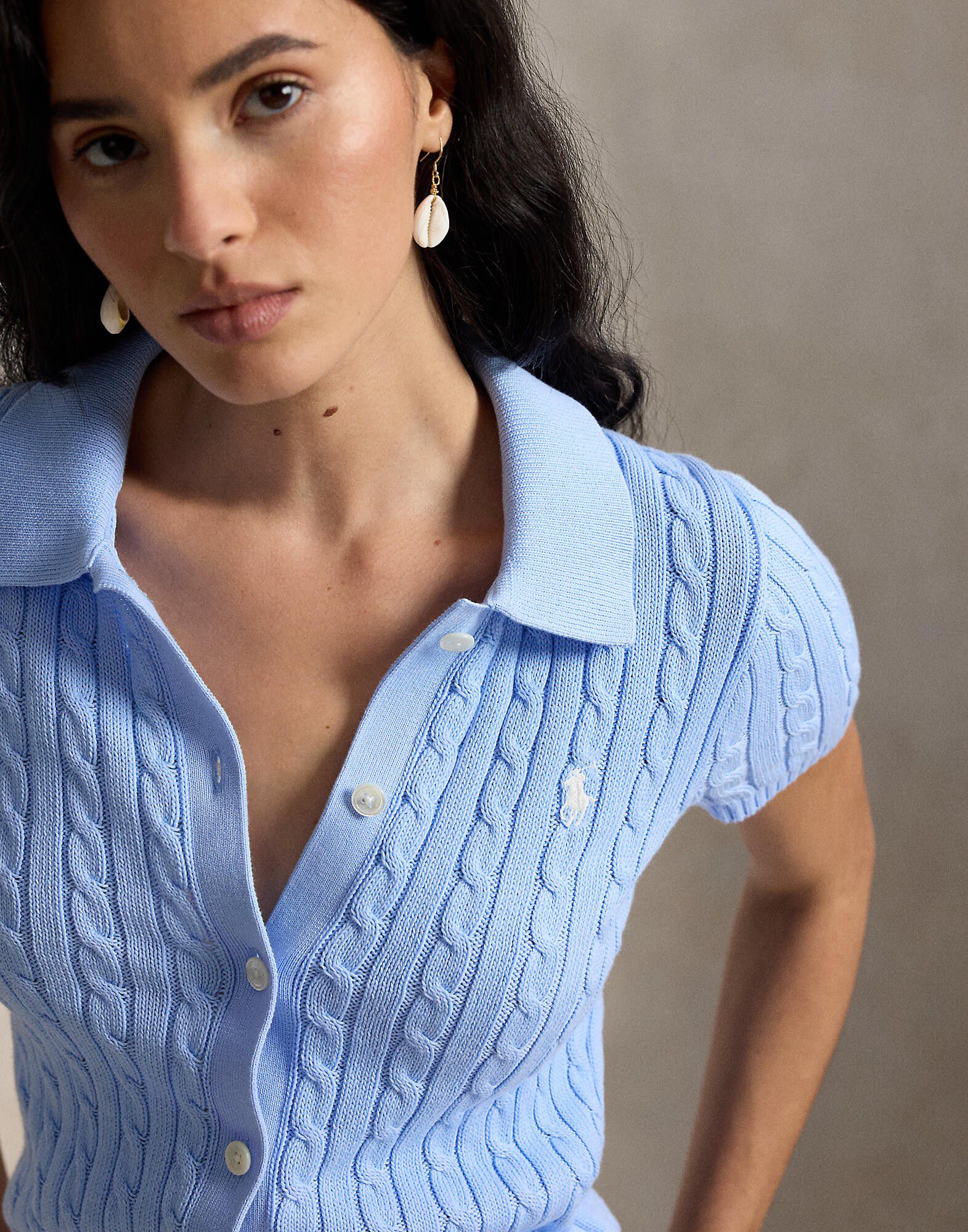 Cable Cotton Short-Sleeve Polo Cardigan
