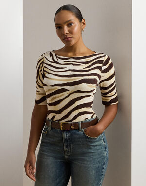 Zebra-Print Stretch Cotton Boatneck Tee