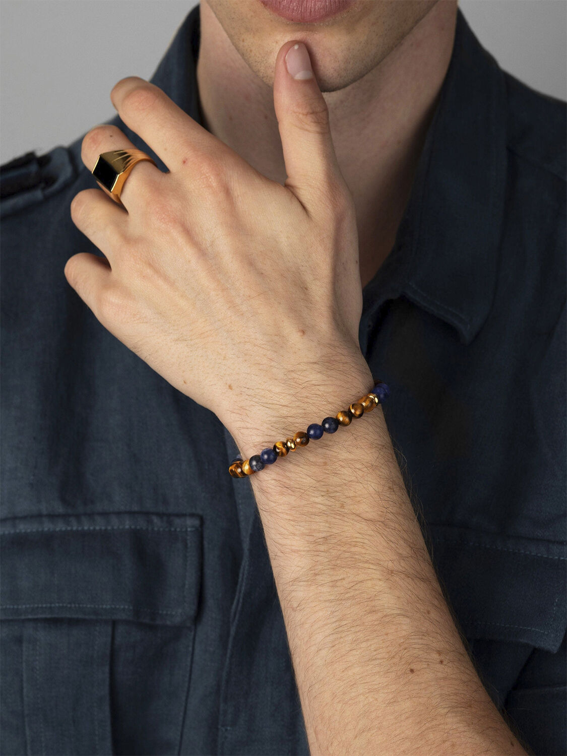 Men's Beaded Bracelet with Dumortierite, Brown Tiger Eye and