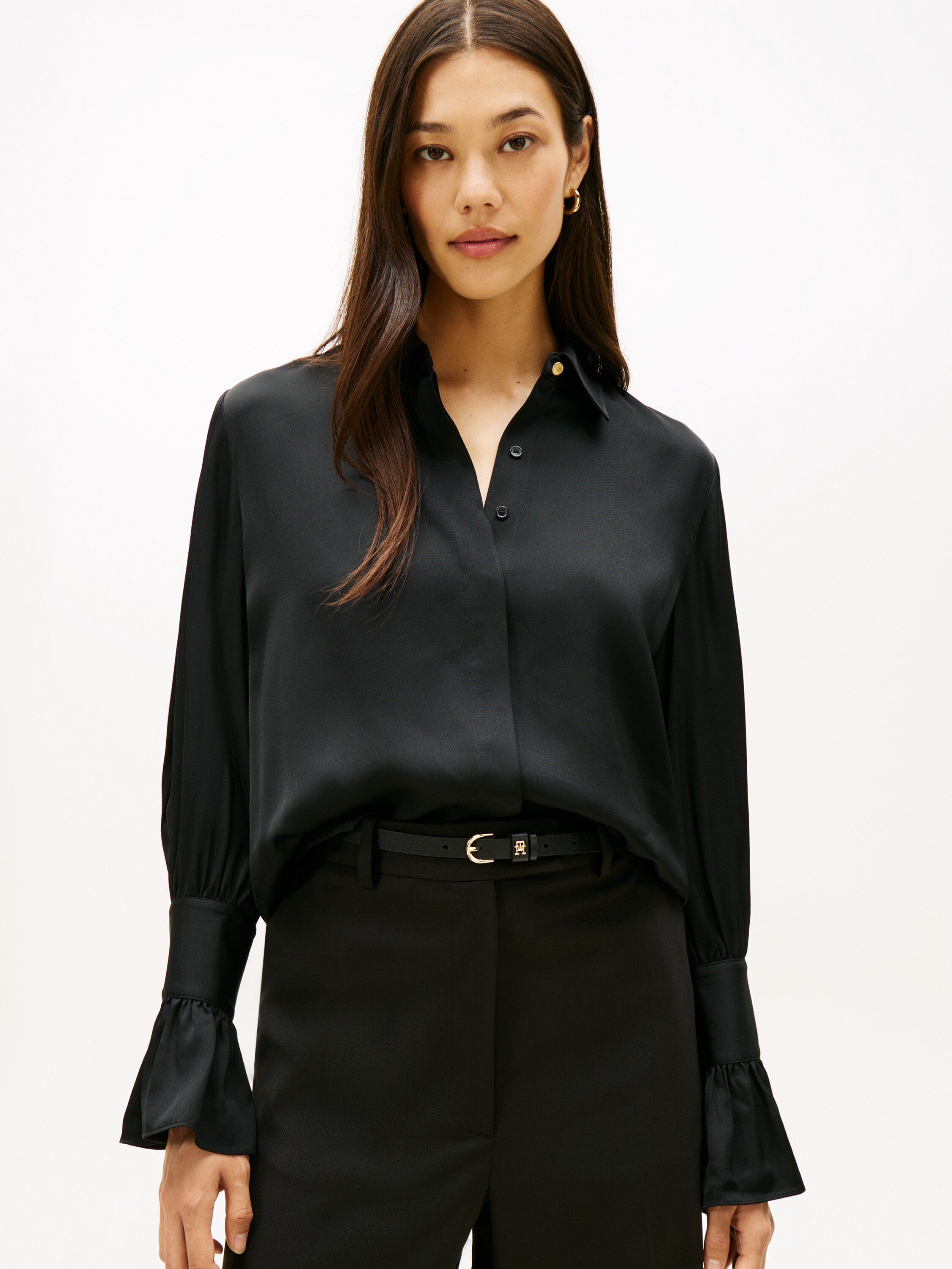 SATEEN RUFFLE CUFF LS SHIRT