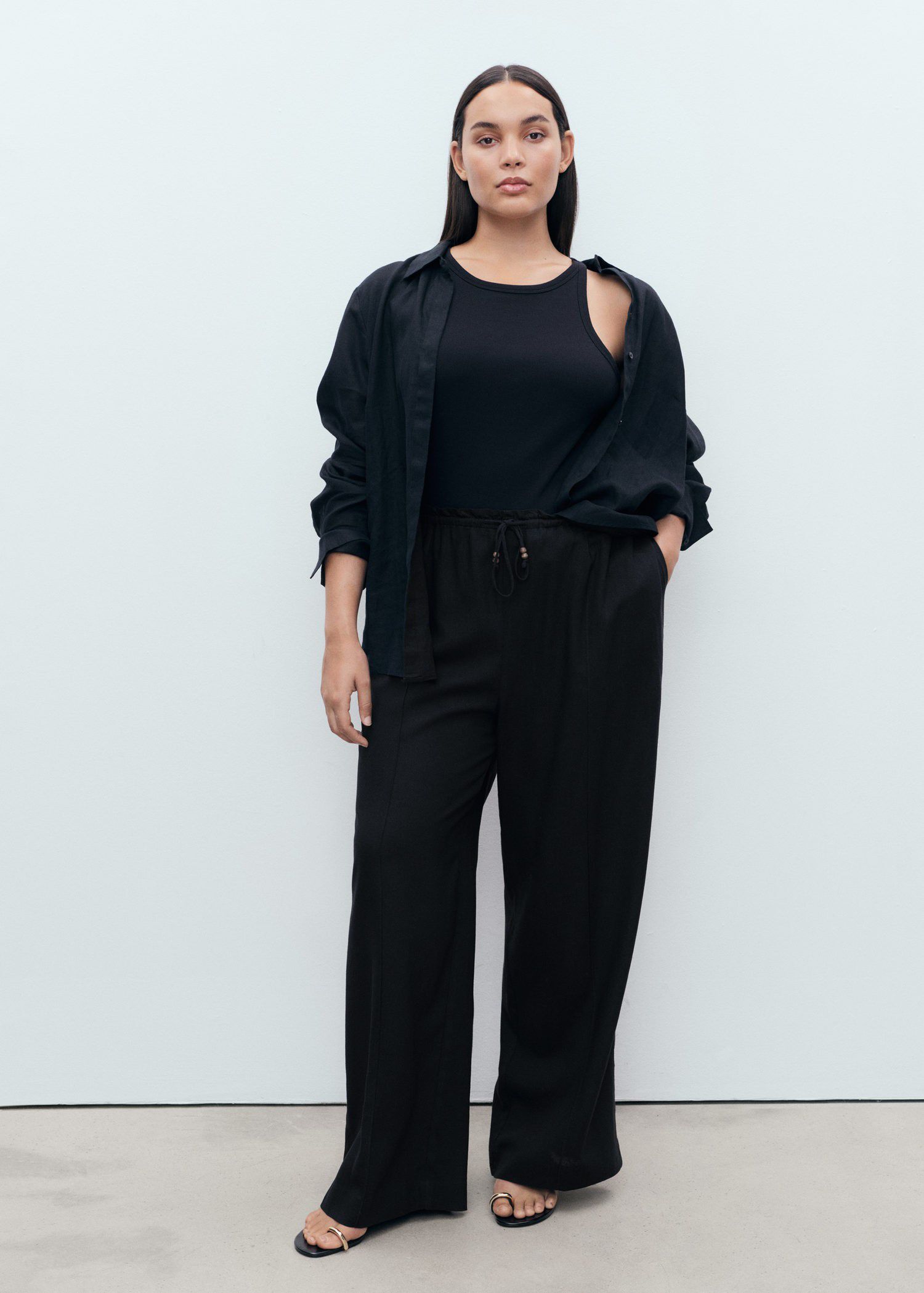 Linen-blend elastic waist trousers