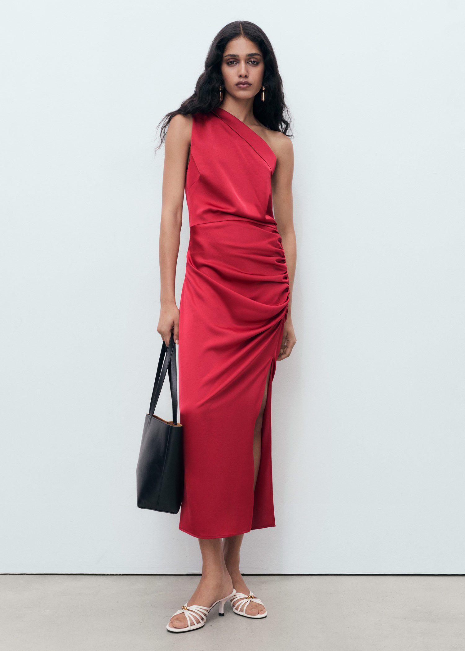 Asymmetrical satin dress with side
