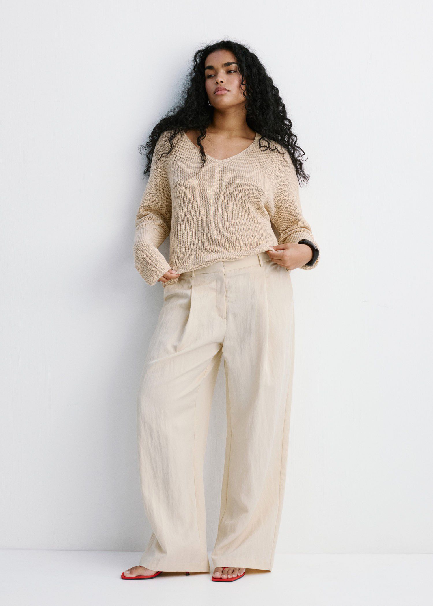 V-neck openwork knitted sweater