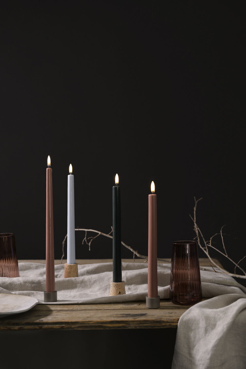 LED taper candle, Pine green, smooth, 2-pack, 2,3x25 cm