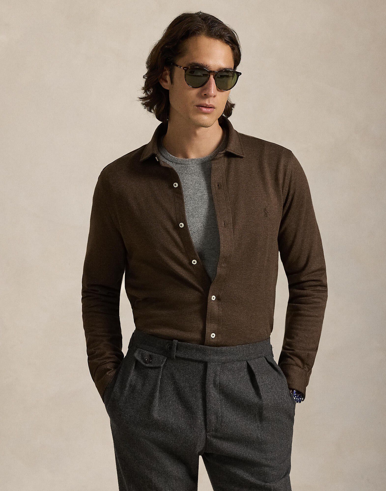 Houndstooth Jersey Spread-Collar Shirt