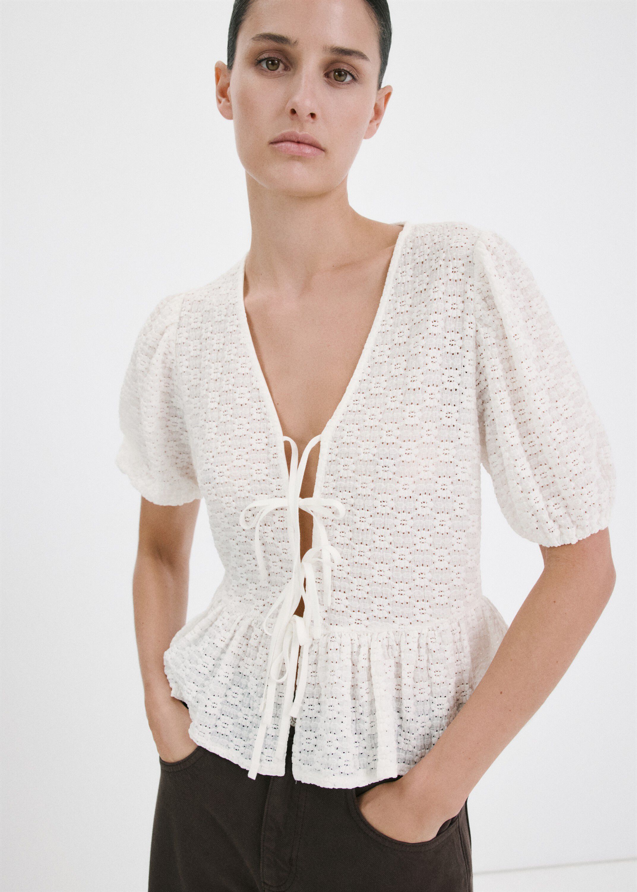 Bows floral embroidery blouse