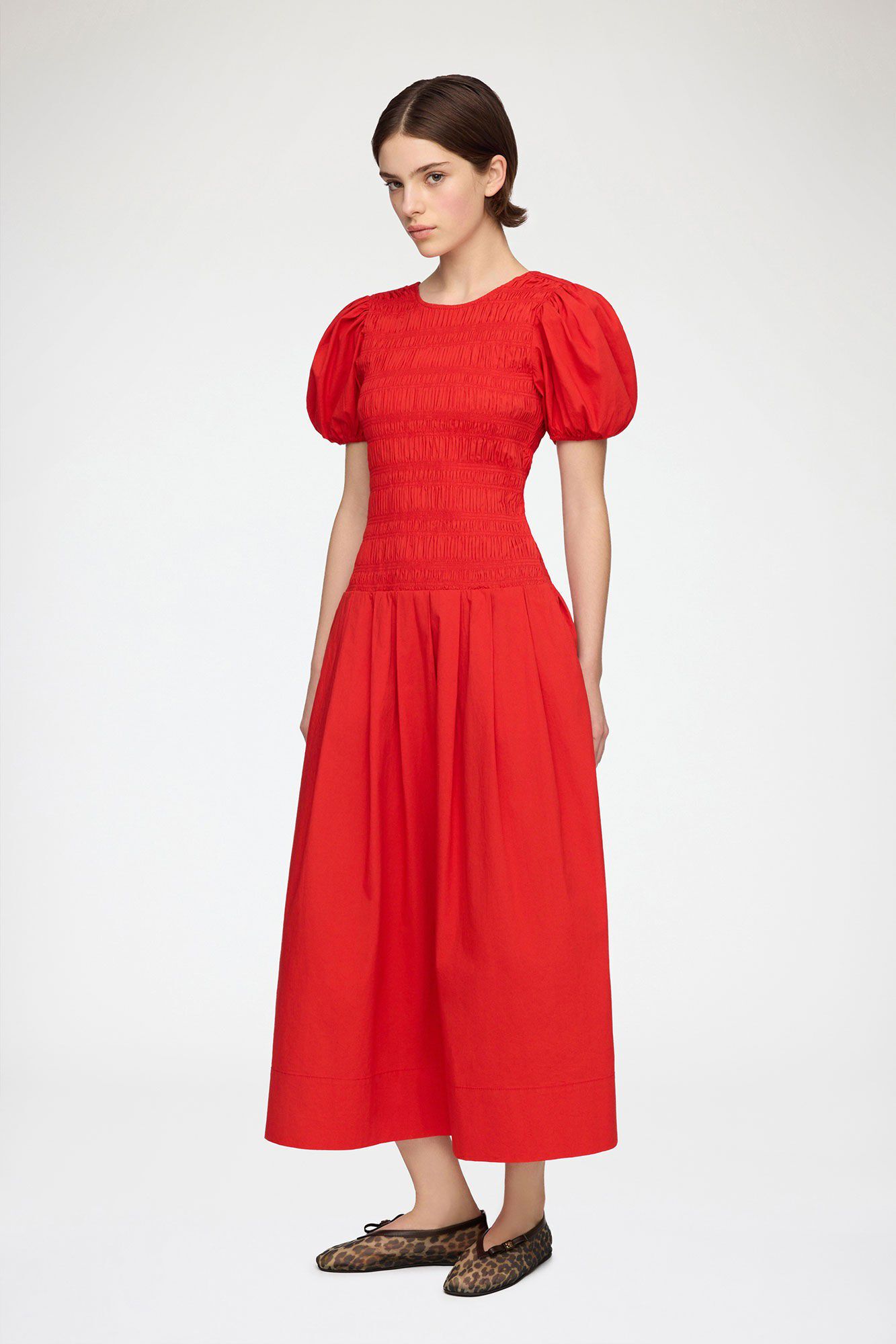 Stretch Cotton Long Smocked Pleated