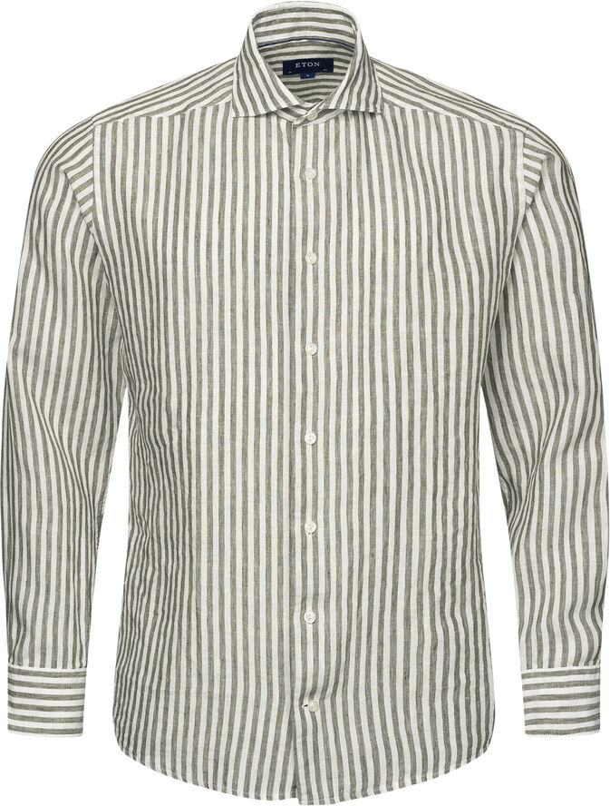 Slim Fit Beige Striped Linen Shirt