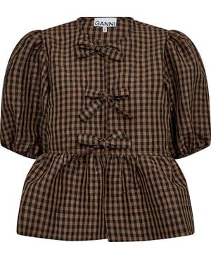 Crinkled Taffeta Check Peplum Blous