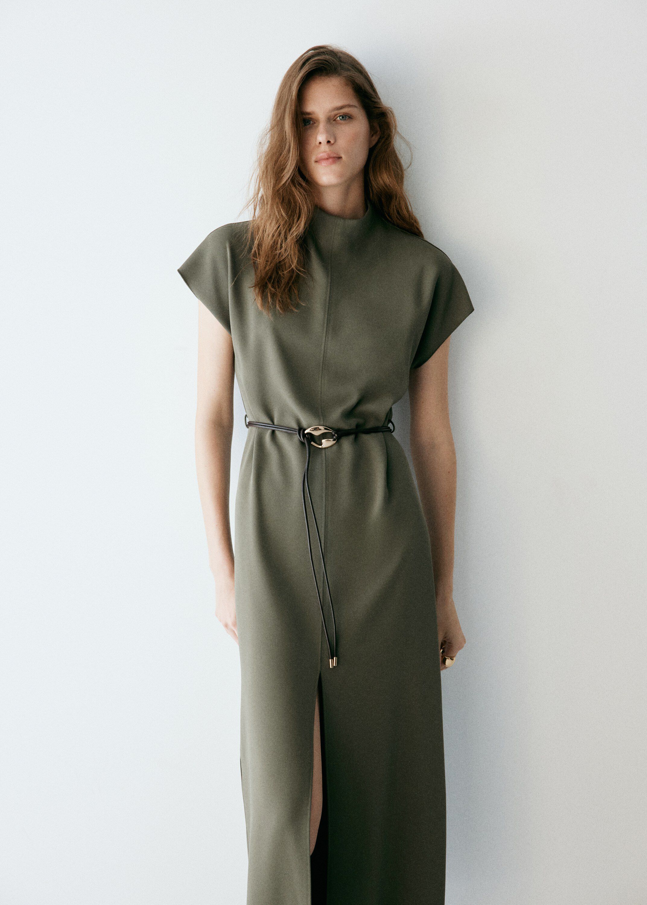 High-neck dress with belt