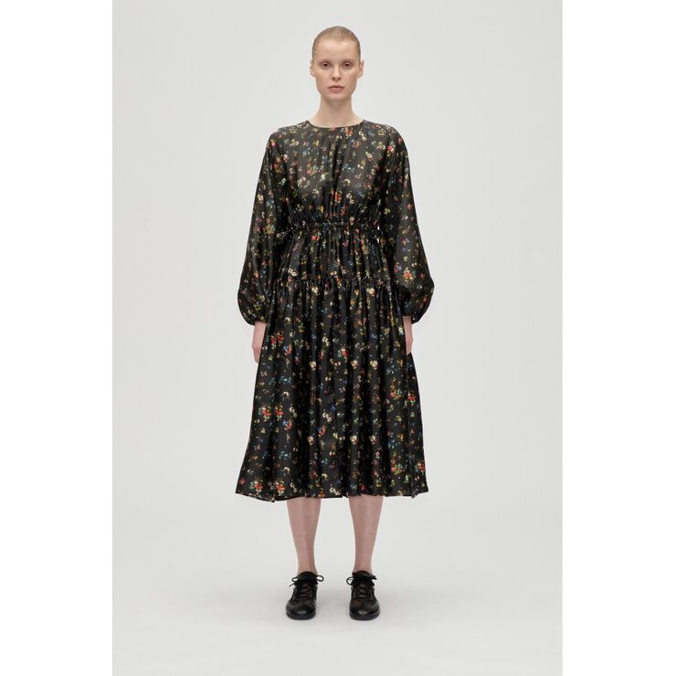 2067 Flat Textured Poly, Waist Tie Ruffle Midi Dress
