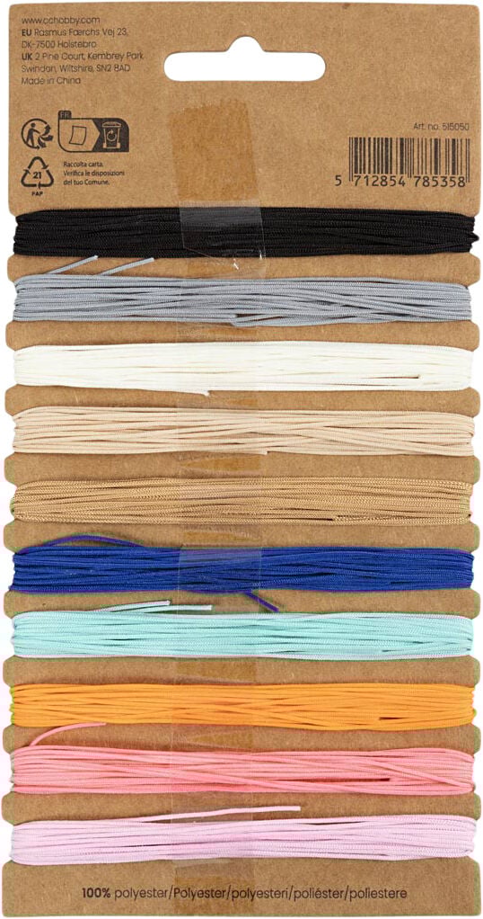 Polyester snor, tykkelse 0,6 mm, ass. farver, 10x4m/