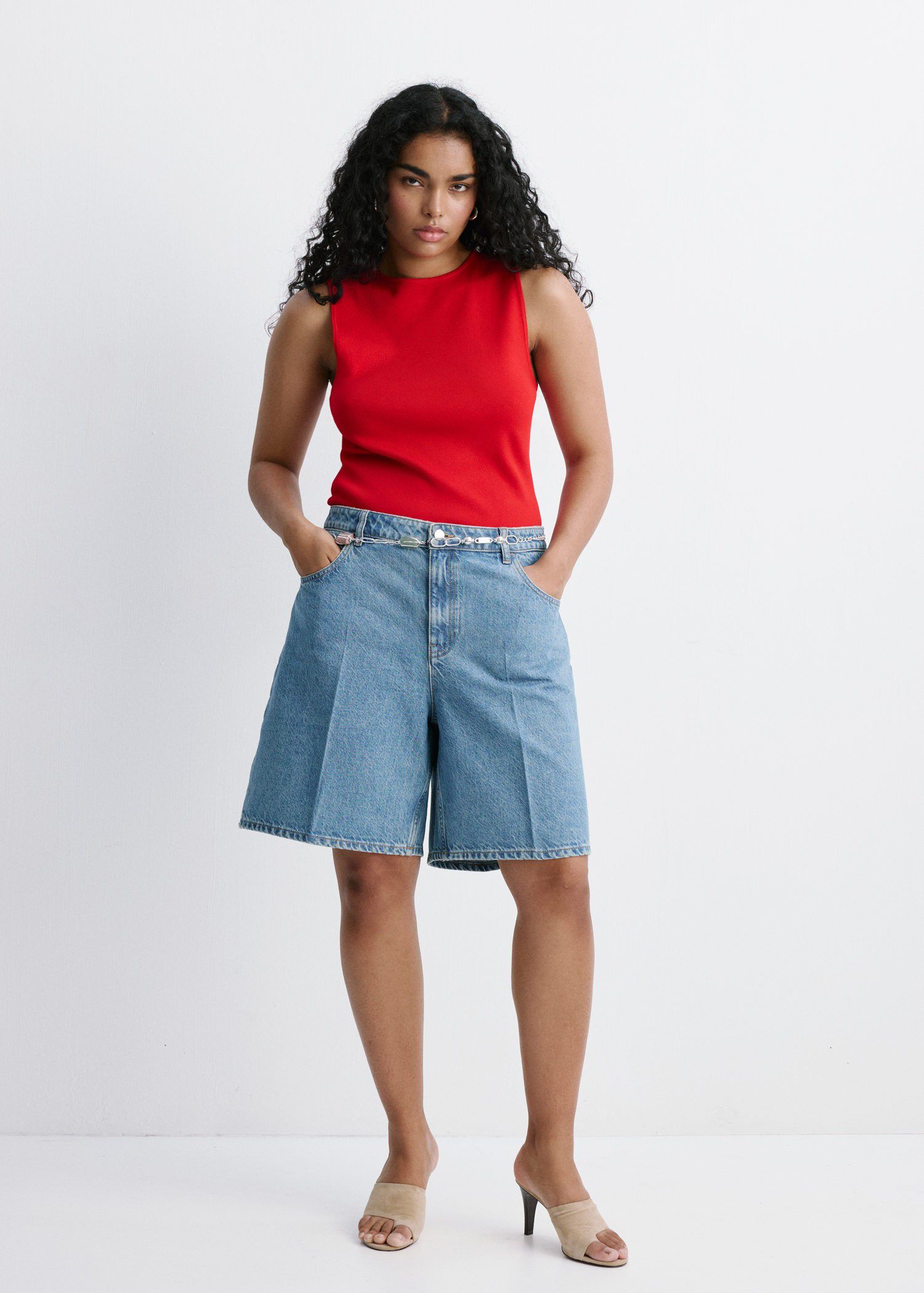 High-waist straight-fit denim short
