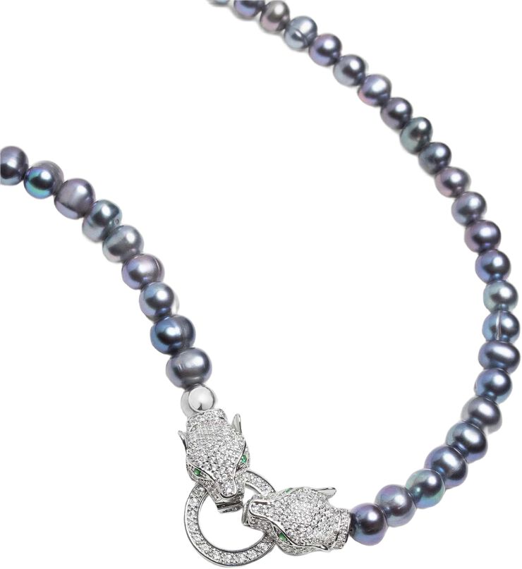 Black Pearl Choker with Double Panther Head in Silver