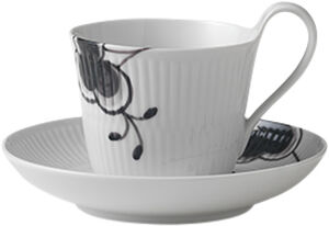 Black Fluted Mega kopp med högt handtag och fat 25 cl dekor nr. 2